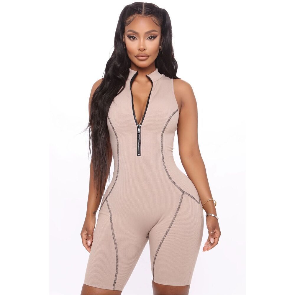 Fashion Nova Sport Mode Taupe Ribbed Sleeveless Romper – Size Large